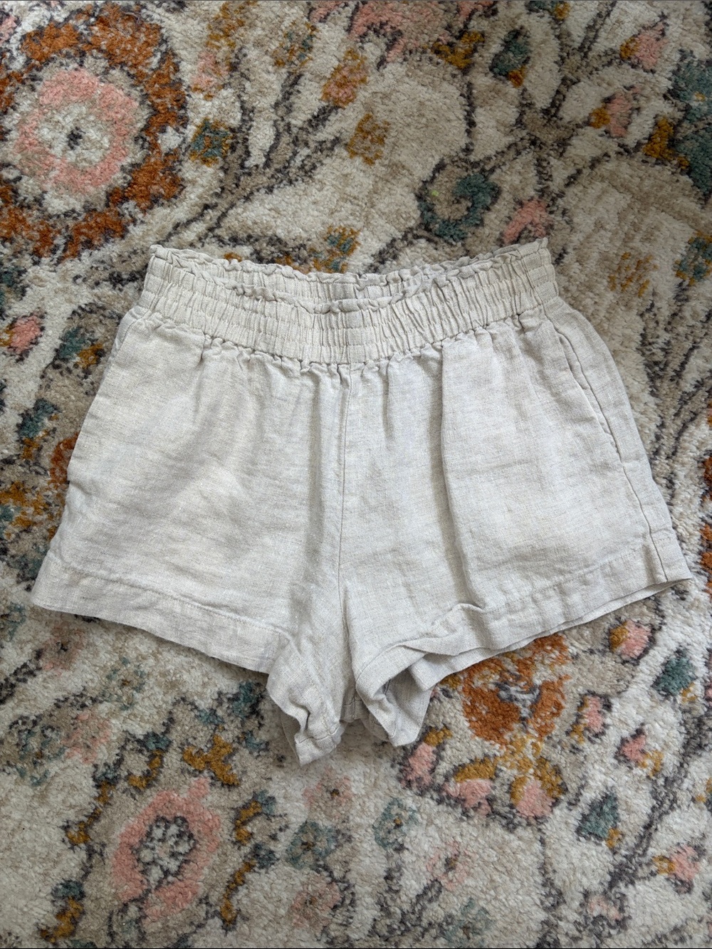 Reformation Light Beige Elastic Waist Linen Shorts